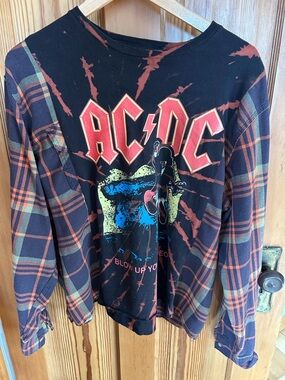 AC/DC Black & Orange Graphic Plaid Long-Sleeve Top Reworked Flannel XL